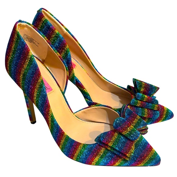 Betsey Johnson pumps Prince rainbow sparkle bow heels size 10 - Picture 1 of 9